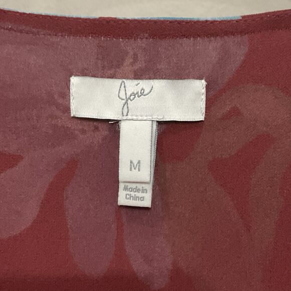 Joie Anevy Floral Silk Blouse Button-front Ruffle Top Cambridge Red Sz M V-Neck - Picture 2 of 5